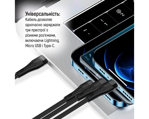 Дата кабель USB 2.0 AM to Lightning + Micro 5P + Type-C 1.2m 3.0A (PD60W data) Black ColorWay (CW-CBPDU3060-BK)