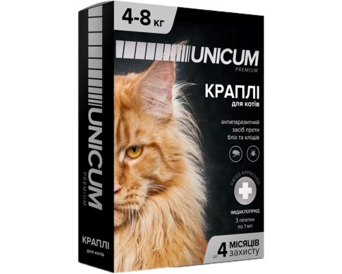 Краплі для тварин Unicum Premium від бліх та кліщів на холку для котів масою 4-8 кг/3 шт (4820150201777)