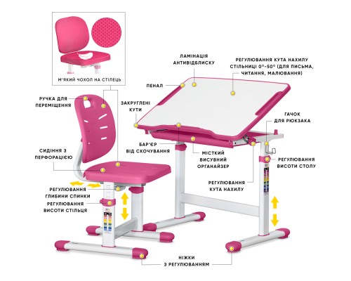Парта зі стільцем Evo-kids Evo-06 Plus Pink (Evo-06 Plus PN)