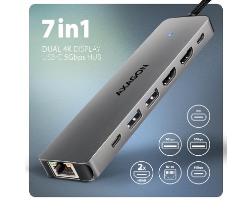 Концентратор AXAGON USBC to 2xUSBA + 1xUSBC + 2xHDMI + RJ45 + PD100W 0.15m gray (HMC-7HX2)