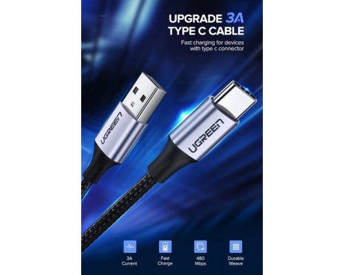 Дата кабель USB 2.0 AM to Type-C 1.5m US288 Aluminum Braid (Black) Ugreen (60127)