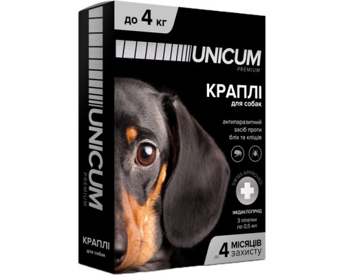 Краплі для тварин Unicum Premium від бліх та кліщів на холку для собак масою до 4 кг/3 шт (4820150201784)