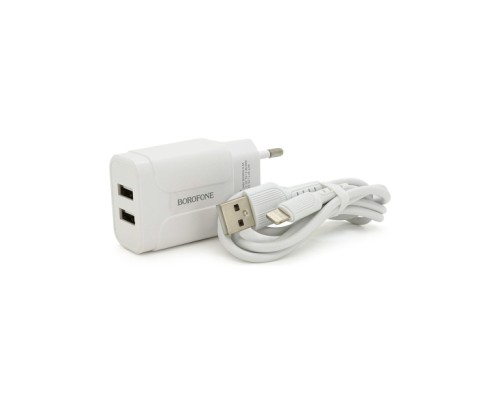 Зарядний пристрій BOROFONE 2xUSB + cable USB to Lightning 2.4A 1.0m white (BA37ALW)