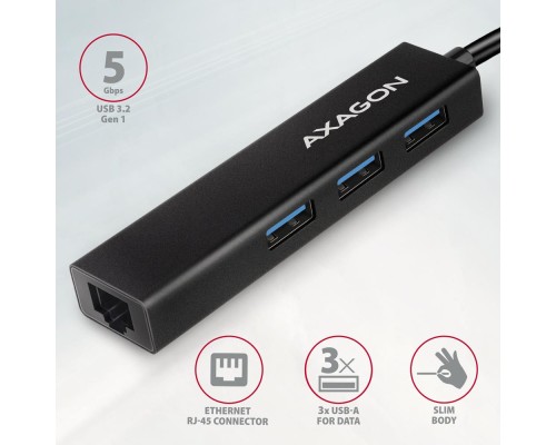 Концентратор AXAGON USB-C to 3xUSB-A + RJ45 0.2m metal black (HMC-GL3A)