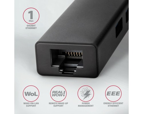 Концентратор AXAGON USB-C to 3xUSB-A + RJ45 0.2m metal black (HMC-GL3A)