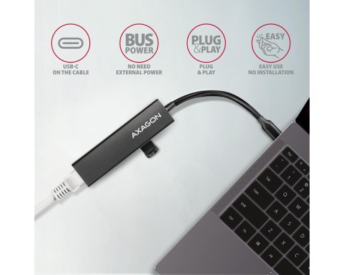 Концентратор AXAGON USB-C to 3xUSB-A + RJ45 0.2m metal black (HMC-GL3A)