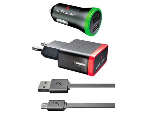 Зарядний пристрій E-power Комплект 3в1 2 * USB 2.1A + кабель Micro USB (EP802CHS)