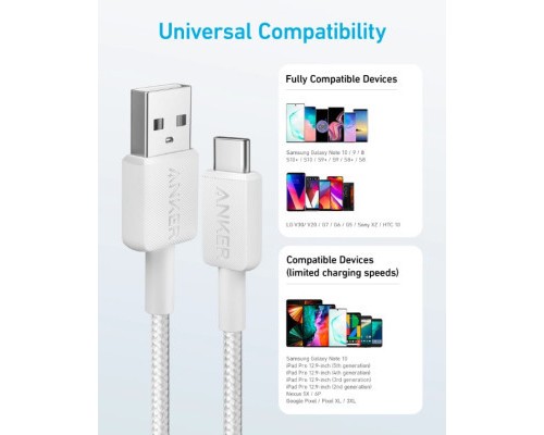 Дата кабель USB 2.0 AM to Type-C 0.9m 322 White Anker (A81H5H21/A81H5G21)