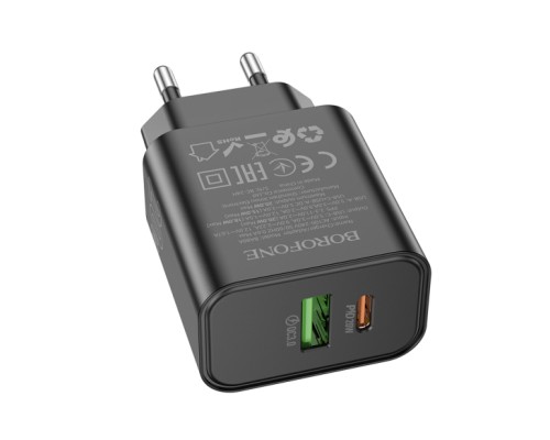 Зарядний пристрій BOROFONE 1xUSB-C PD20W + 1xUSB QC3.0 black (BA88A/20WB)