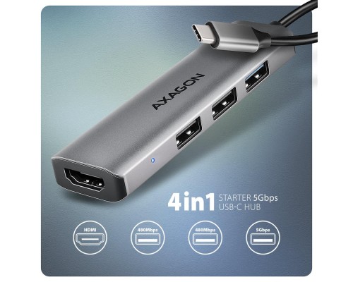 Концентратор AXAGON USB-C to 3xUSB-A + HDMI 0.15m gray (HMC-H3A)