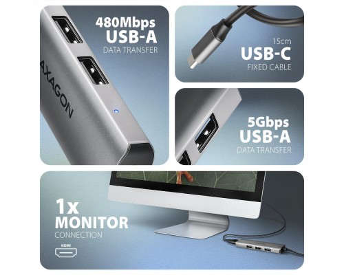 Концентратор AXAGON USB-C to 3xUSB-A + HDMI 0.15m gray (HMC-H3A)