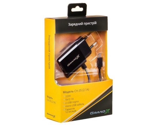 Зарядний пристрій Grand-X 5V 2,1A 2USB + micro USB Black (CH-35B)