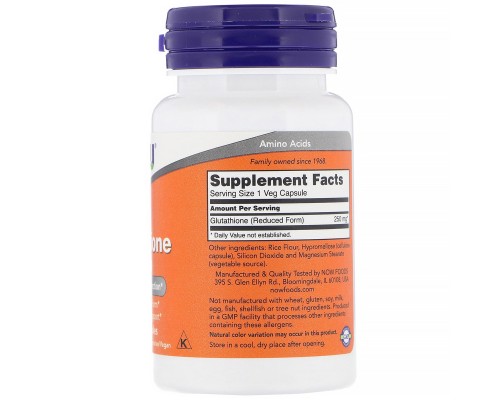 Амінокислота Now Foods Глутатіон, Glutathione, 250 мг, 60 вегетаріанських капсул (NOW-00096) 