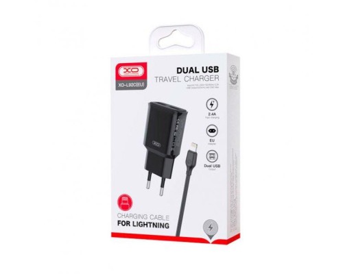 Зарядний пристрій XO L92C (2USB/2.4A) + USB - Lightning Чорний (XO-L92C-L)