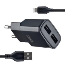 Зарядний пристрій XO L92C (2USB/2.4A) + USB - Lightning Чорний (XO-L92C-L)