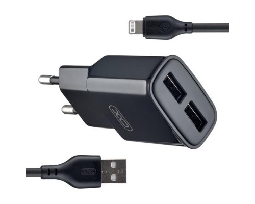Зарядний пристрій XO L92C (2USB/2.4A) + USB - Lightning Чорний (XO-L92C-L)