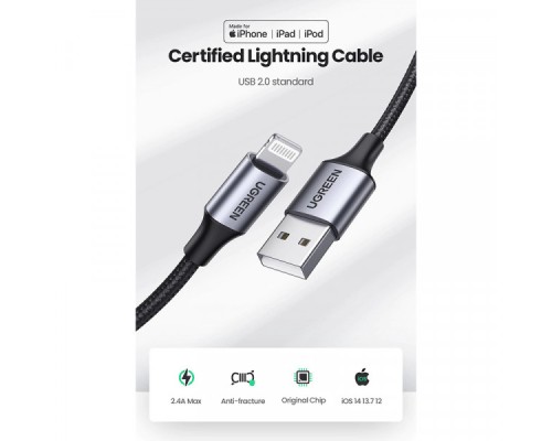 Дата кабель USB 2.0 AM to Lightning 1.0m 2.4A US199 black UGREEN (60156)