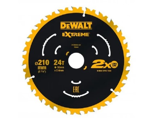 Диск пильний DeWALT EXTREME, 210 х 30 мм, 24z, ATB, 7 градусів, 7000 об/хв. (DT20432)