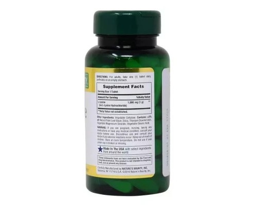 Амінокислота Nature's Bounty L-Лізін, 1000 мг, L-Lysine, 60 каплет (NRT06011)