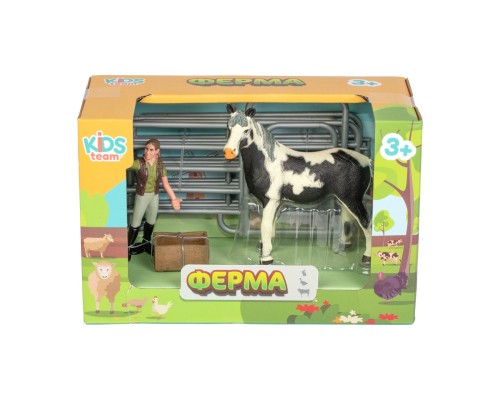 Фігурка Kids Team набір Ферма фермерка і кінь Американський пейнтхорс, чорно-біле забарвлення (Q9899-X3_3)