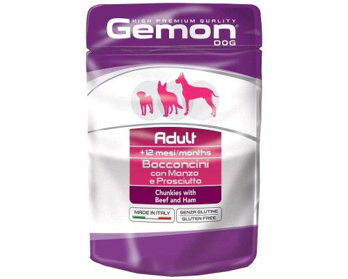 Вологий корм для собак Gemon Dog Wet Adult шматочки з яловичиною та шинкою 100 г (8009470300605)