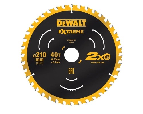 Диск пильний DeWALT EXTREME, 210 х 30 мм, 40z, ATB, 7 градусів, 7000 об/хв. (DT20433)