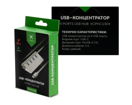 Концентратор Vinga Type-C to 4*USB3.0 1.0m cable aluminium (VCPHCU304)