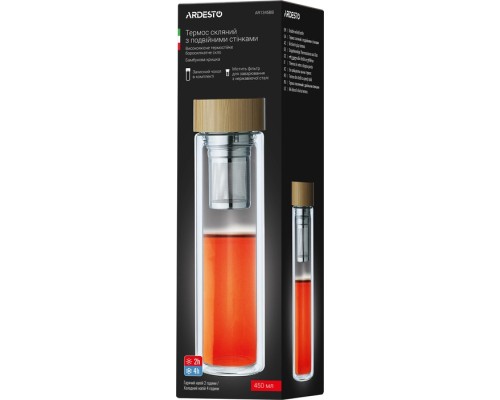 Термос Ardesto 450 мл боросилікатне скло бамбукова кришка (AR1345BB)