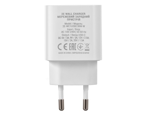 Зарядний пристрій 2E 30W USB-C PD white (2E-WC1USBC30W-W)