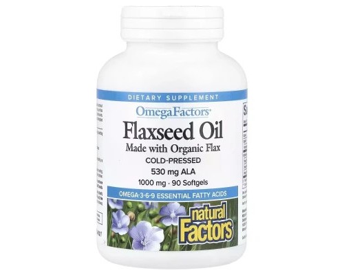 Трави Natural Factors Лляна олія, 1000 мг, OmegaFactors, Flaxseed Oil, 90 гелевих капсул (NFS-02210)