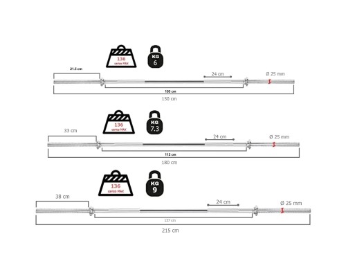 Гриф Toorx 180 см 25 мм з пружинними замками (BCF-180) (931113)