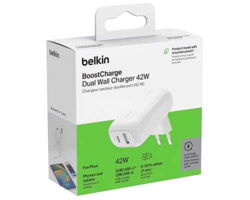 Зарядний пристрій Belkin 42W USB-C PD PPS 30W USB-A 12W white (WCB009VFWH)