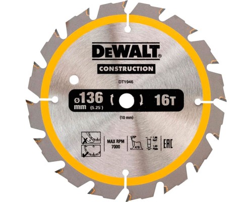 Диск пильний DeWALT СONSTRUCTION , 136 х 10, 16 z, АТВ, 20 градусів (DT1946)