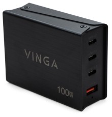 Зарядний пристрій Vinga GaN 100W PD+QC 3C1A ports 1.2m Wired Charger (VCPCH100CB)