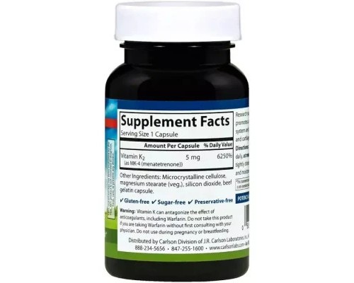 Вітамін Carlson Вітамін К2 (MK-4 Менатетренон), Vitamin K2 Menatetrenone, 5 Мг, 60 Капсу (CAR-01000)