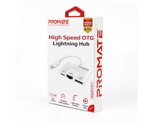 Адаптер Lightning to RJ45 Ethernet + USB 3.0 OTG + Lightning Promate (gigalink-i.white)