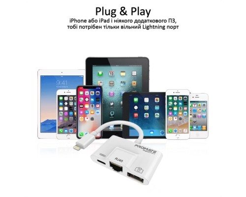 Адаптер Lightning to RJ45 Ethernet + USB 3.0 OTG + Lightning Promate (gigalink-i.white)