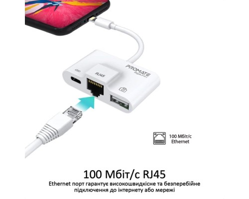 Адаптер Lightning to RJ45 Ethernet + USB 3.0 OTG + Lightning Promate (gigalink-i.white)