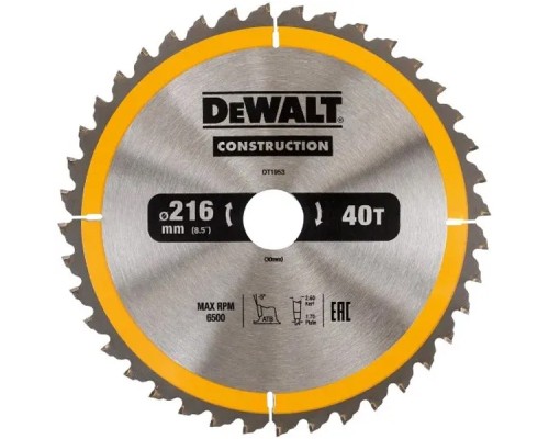 Диск пильний DeWALT СONSTRUCTION , 216 х 30, 40 z, АТВ, -5 градусів, універсальне застосування (DT1953)