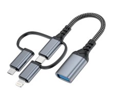 Дата кабель OTG USB 3.0 AF to USB-C + Micro 5P + Lightning 0.11m 60W XoKo (XK-AC-155)