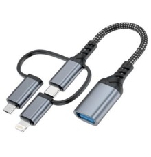 Дата кабель OTG USB 3.0 AF to USB-C + Micro 5P + Lightning 0.11m 60W XoKo (XK-AC-155)