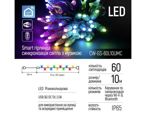 Гірлянда ColorWay Smart LED RGB WiFi+Bluetooth 10M 60LED IP65 (CW-GS-60L10UMC)