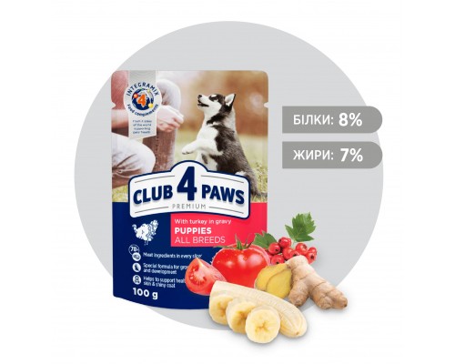 Вологий корм для собак Club 4 Paws для цуценят з індичкою в соусі 100 г (4820215363198)