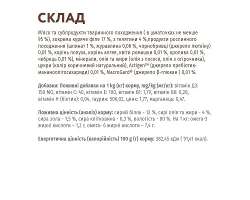 Вологий корм для кішок Optimeal беззерновий з телятиною та курячим філе у шпинатному соусі 8 (4820083905971)