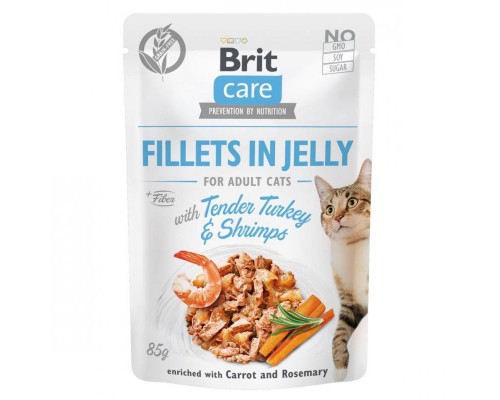 Вологий корм для кішок Brit Care Cat pouch 85 г (індичка з креветками в желе) (8595602540570)
