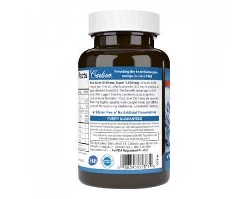 Жирні кислоти Carlson Жир із печінки Норвезької Тріски, 1000 мг, Cod Liver Oil, 10 (CAR-01301)