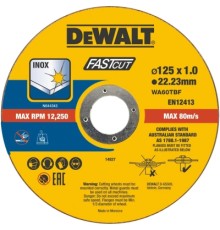 Круг відрізний DeWALT FASTCUT, нержавіюча сталь/листовий метал, 125x1x22, 23 мм, 100 шт (DT20540)