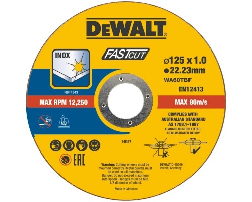 Круг відрізний DeWALT FASTCUT, нержавіюча сталь/листовий метал, 125x1x22, 23 мм, 100 шт (DT20540)