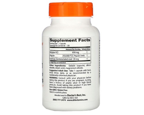 Пробіотики Doctor's Best Бетаїн HCL та Пепсин, Betaine HCL & Pepsin, 120 капсул (DRB-00163) Пробіотики Doctor's Best Бетаїн HCL та Пепсин, Betaine HCL & Pepsin, 120 капсул (DRB-00163)