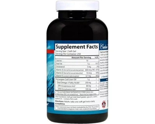 Жирні кислоти Carlson Жир із Печені Норвезької Тріски, 1000 мг, Cod Liver Oil, 250 (CAR-01302)